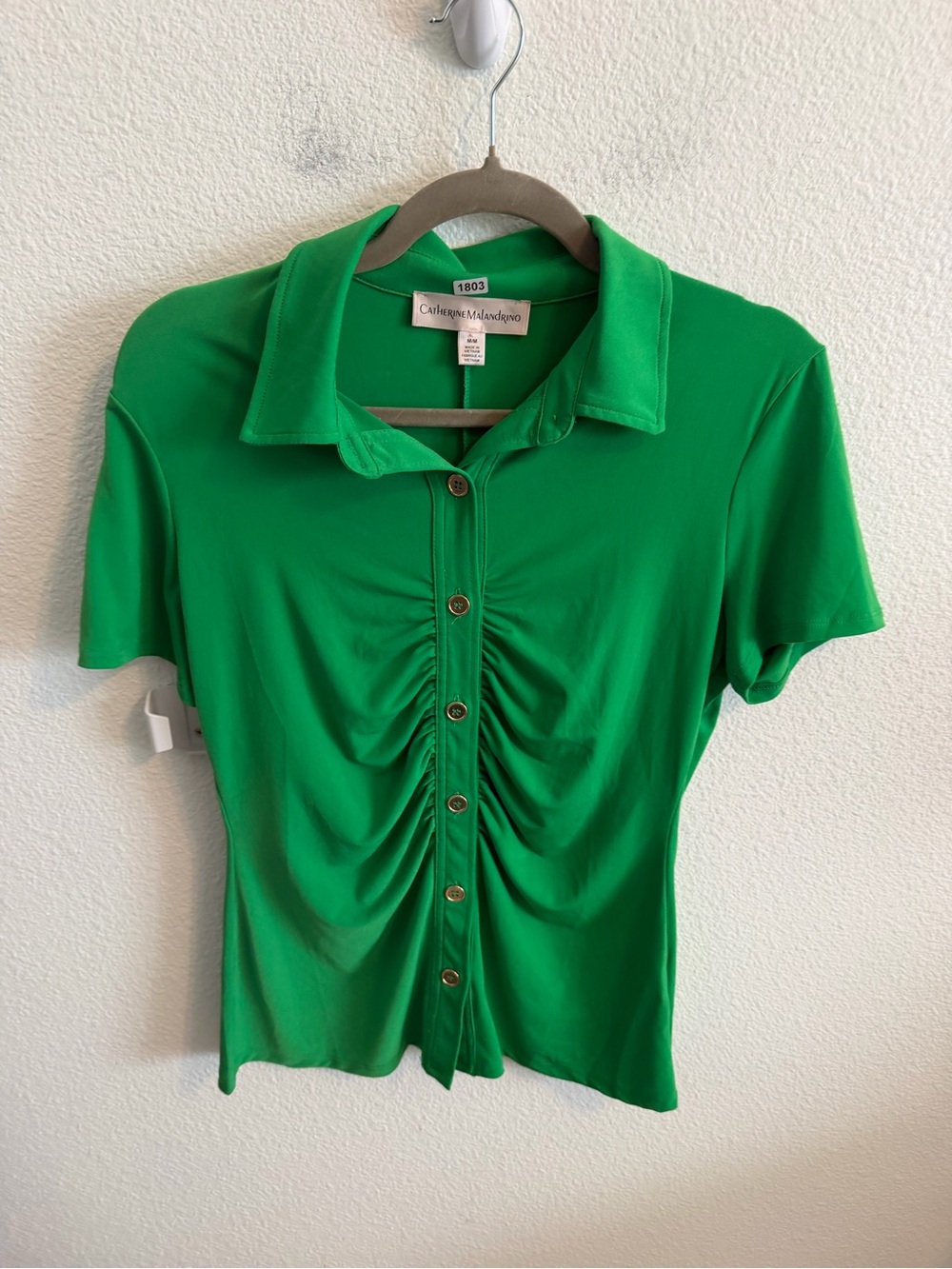 Catherine Malandrino Bright Green Short-Sleeve Ruched Button Shirt